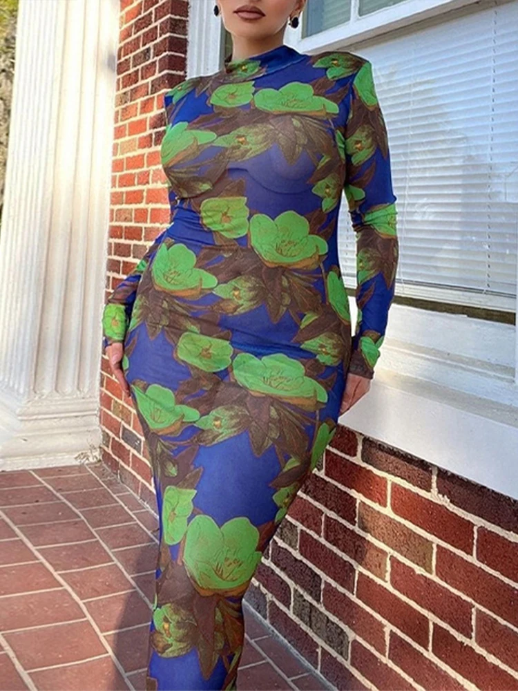 

Elegant 2023 Floral Printing Shoulder Pad See-through Maxi Dress For Women Half High Collar Full Sleeve Mesh Sheath Sexy Dresses