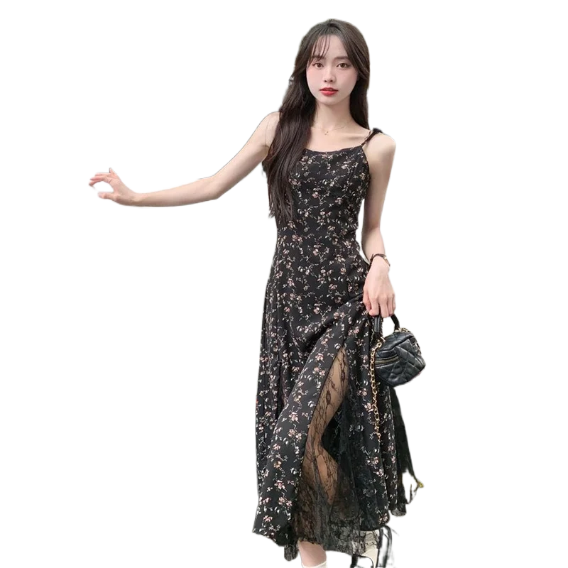 

Large Size Women's Clothing Chubby mm2023 French Floral Sling Dress Lace Stitching Split Long Dress Shawl Set