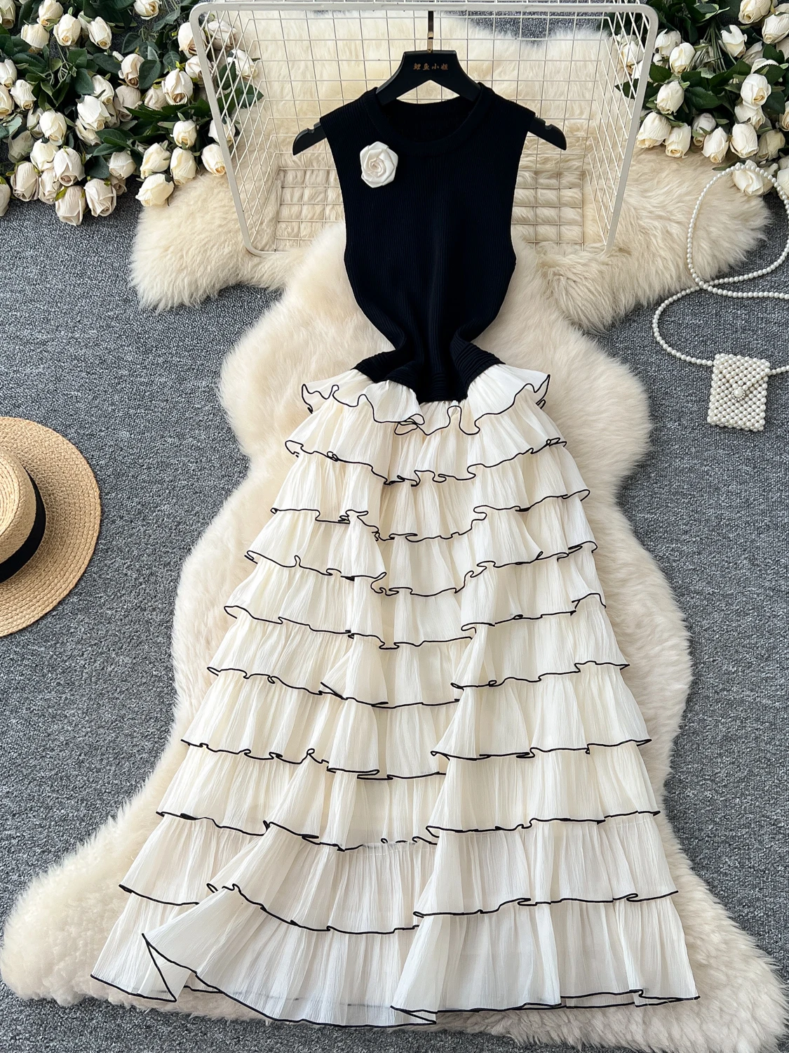 High-End Knitted Floral Contrast Color Svel Layered Cake Dr Women's Long Dr High Waist A-Line Casual Sle Summer...