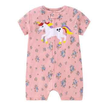 Unisex Summer Newborn Baby Romper Cotton Short Sleeve Flat-Crotch Bodysuit Cartoon Printed & Embroidered Infant Onesies