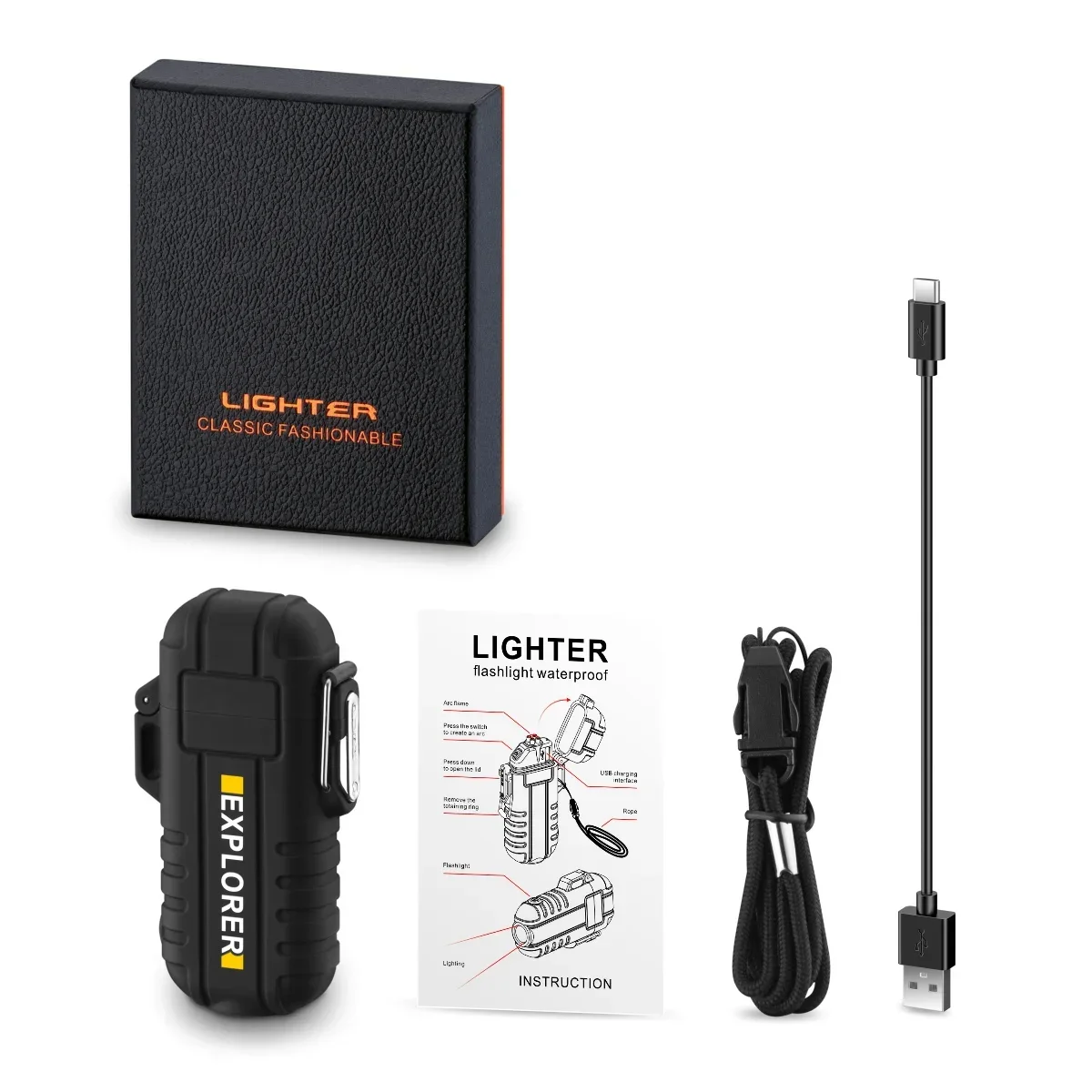 Bbq Lighter Cigarette Lighter Electric Arc Igniter Outdoor USB Waterproof Plasma Lighter with Flashlight, Windproof Arc Lighter with Lanyard, Smoking Accessories