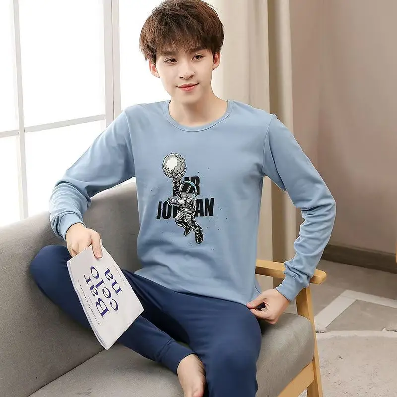 100% 순면 소재 남아 파자마 세트, 817세(1014세) 청소년용, 긴팔 네이비 블루 우주비행사 프린트 아동용 잠옷