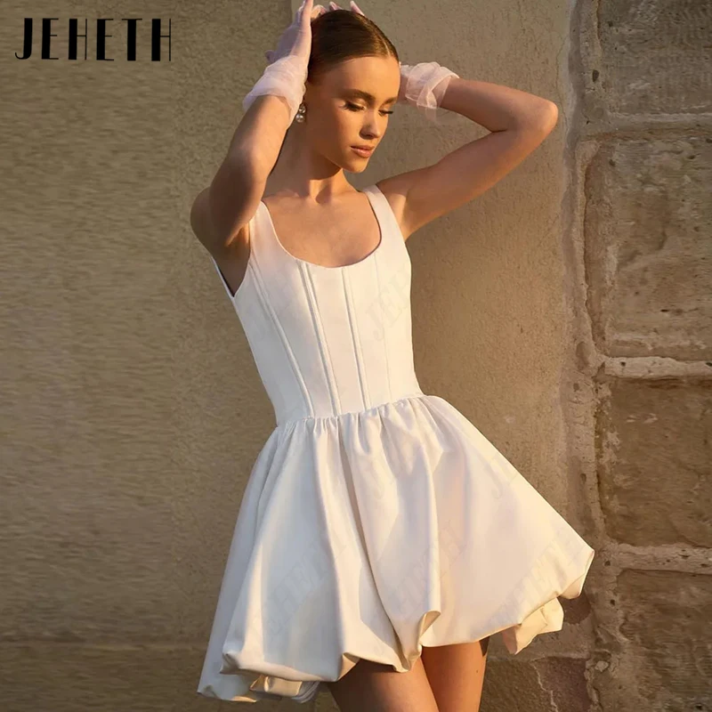 

JEHETH White Mini Scoop Neck Prom Dress Spaghetti Straps Satin Evening Gown Princess A-Line Vintage Vestidos De Festa Sleeveless