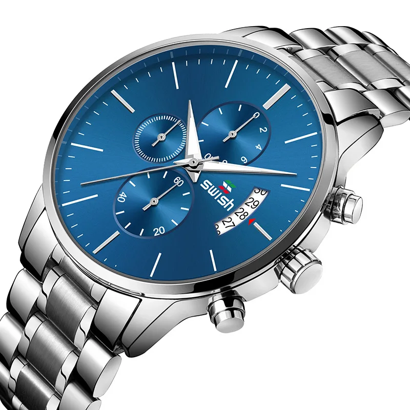 SWISH Men Wristwatch Blue Dial Sport Quartz Clock Men's Watch Calendar Chronograph Hand Multifunction Dial Luminous Hand swish men wristwatch blue dial sport quartz clock men s watch calendar chronograph hand multifunction dial luminous hand