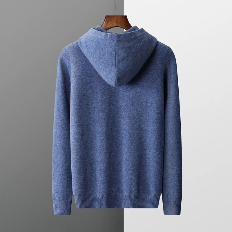 Men's 100% Merino Wool Sweater Men Hoodied Collar Pullover Loose Large Size Business Knitwear Casual Autumn Winter Cashmere Tops 2