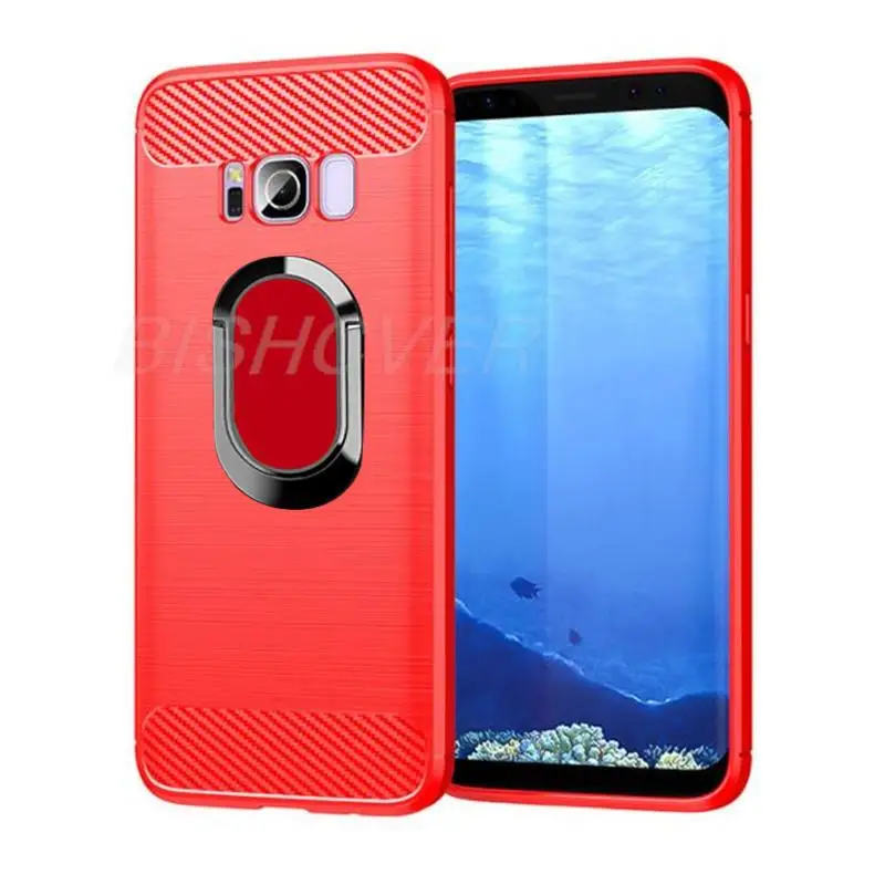 삼성 GalaxyS8 S8 Plus SM G950F G955F SM-G950 링 홀더 스탠드 보호 커버 용 부드러운 실리콘 탄소 섬유 브러시 케이스