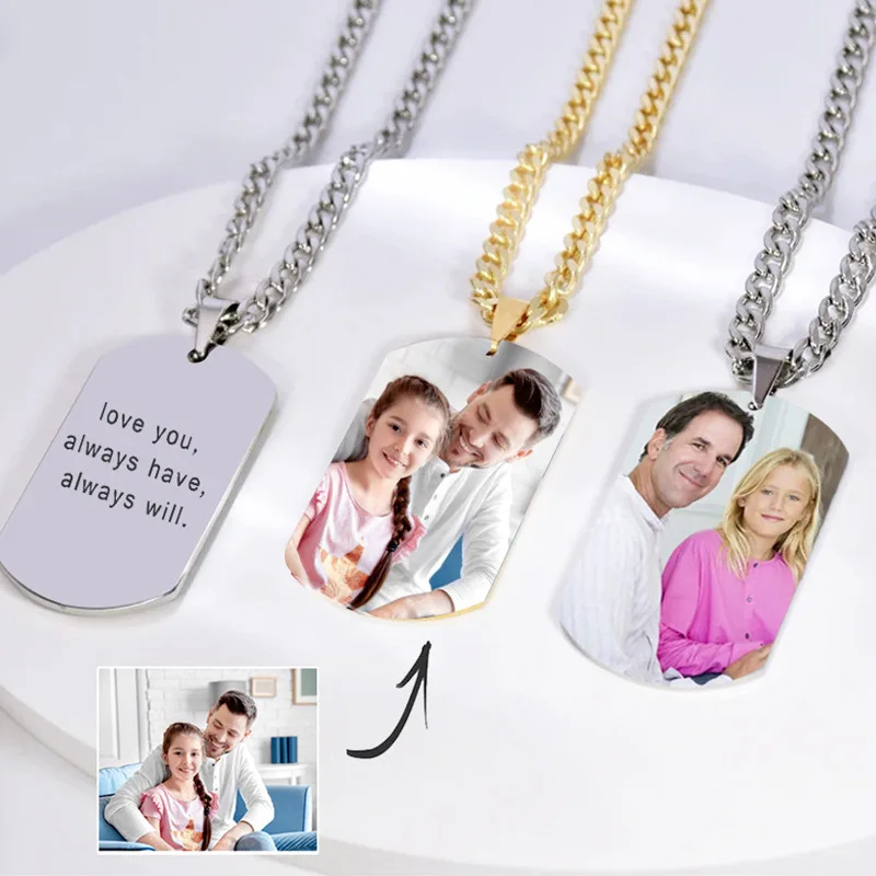 HIYONG Stainless Steel Custom Photo Necklace Engraved Text Picture Pendant Personalized Pet Tag Necklace Memorial Family Jewelry
