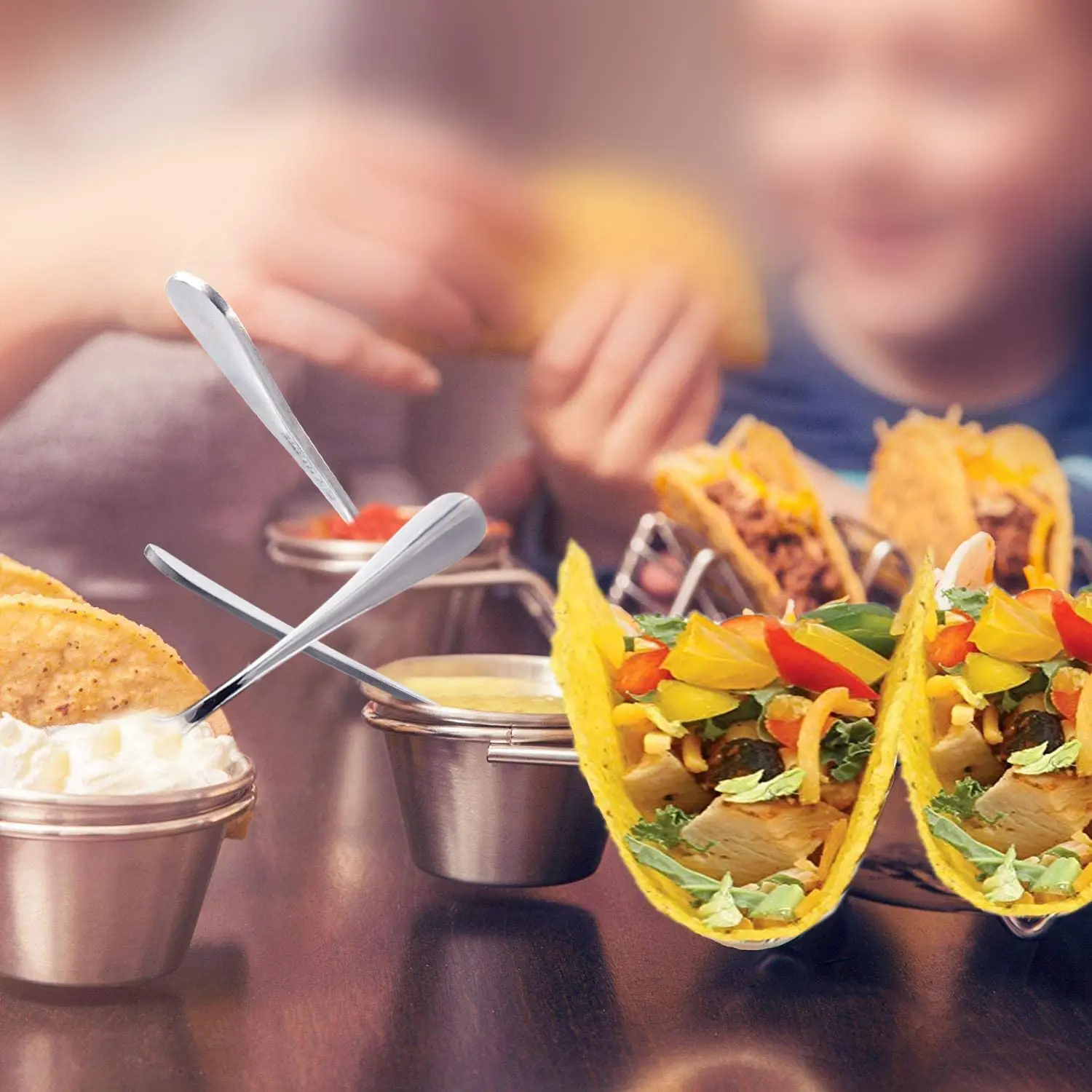 Stainless Steel Wave Shape Taco Holders Slots Kitchen Tableware Mexican Food Rack Double-Sided Seasoning Cups for Restaurant