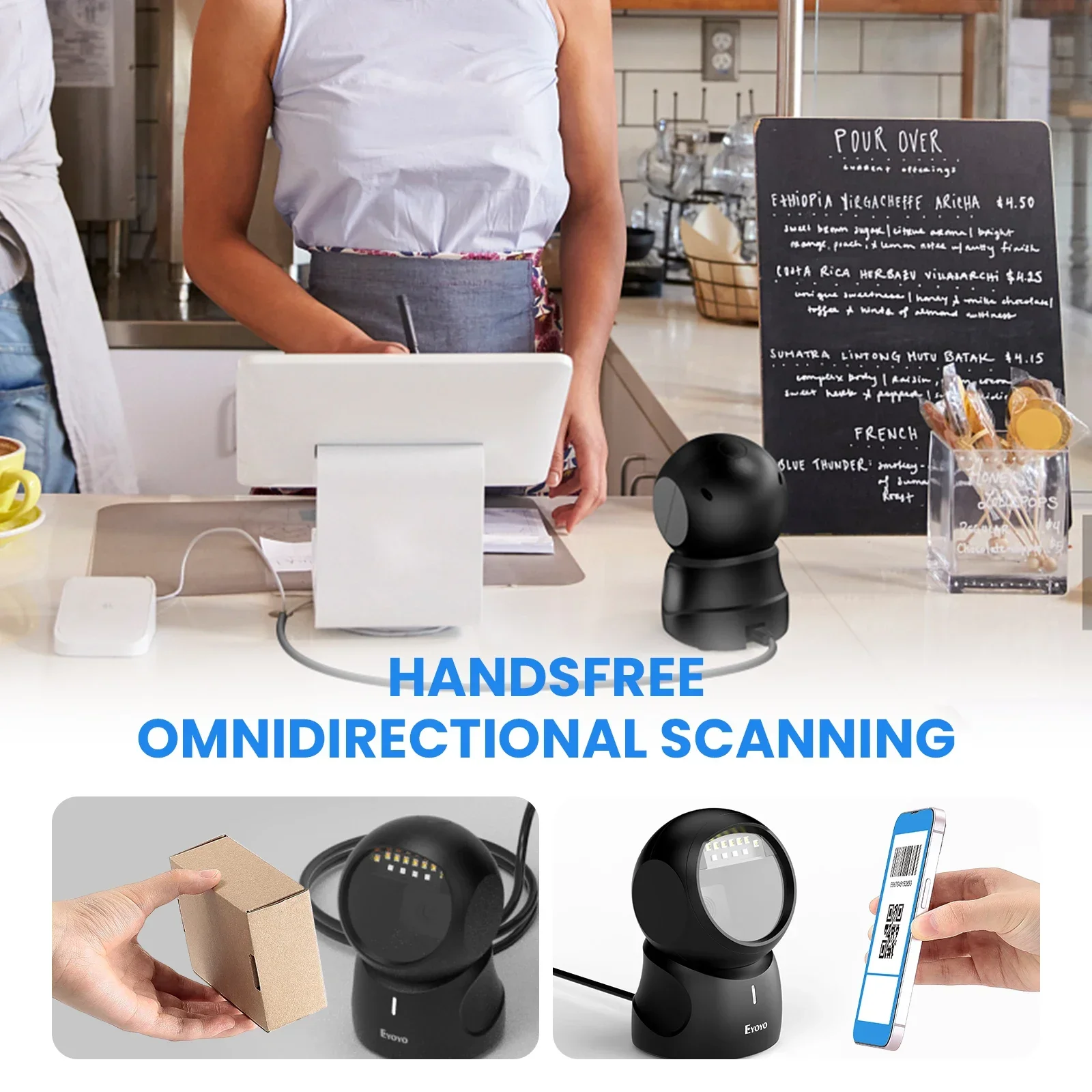 Eyoyo 2D Barcode Scanner QR Code Scanner Automatic Sensing Scanning Omnidirectional Hands-Free Barcode Reader QR Screen barcode scanner