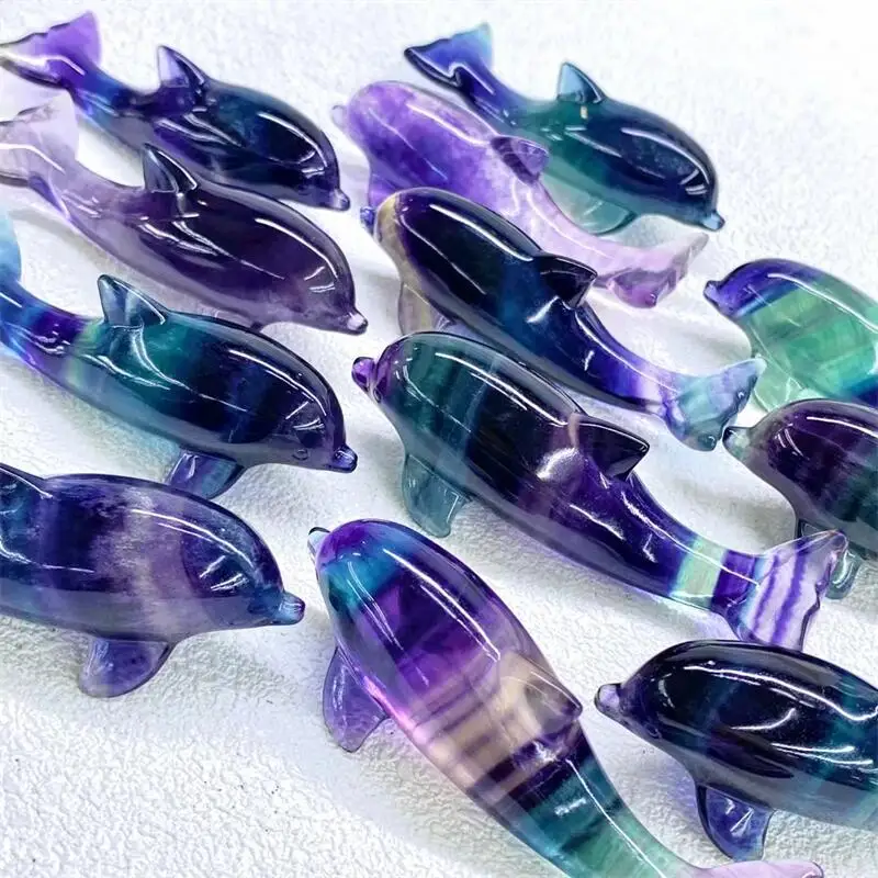 8cm Natural Rainbow Fluorite Dolphin Crystal Stone Hand Carved Animal Figurine Healing Crafts Home Decoration As Gift 1pc 5