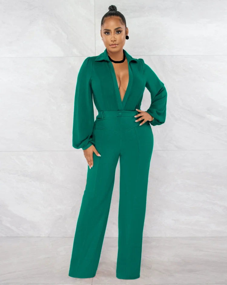 

KEXU Elegant Women Lantern Long Sleeve Turn-down Neck Shirt Style Straight Jumpsuit Autumn Winter Soild Office Lady Outfits