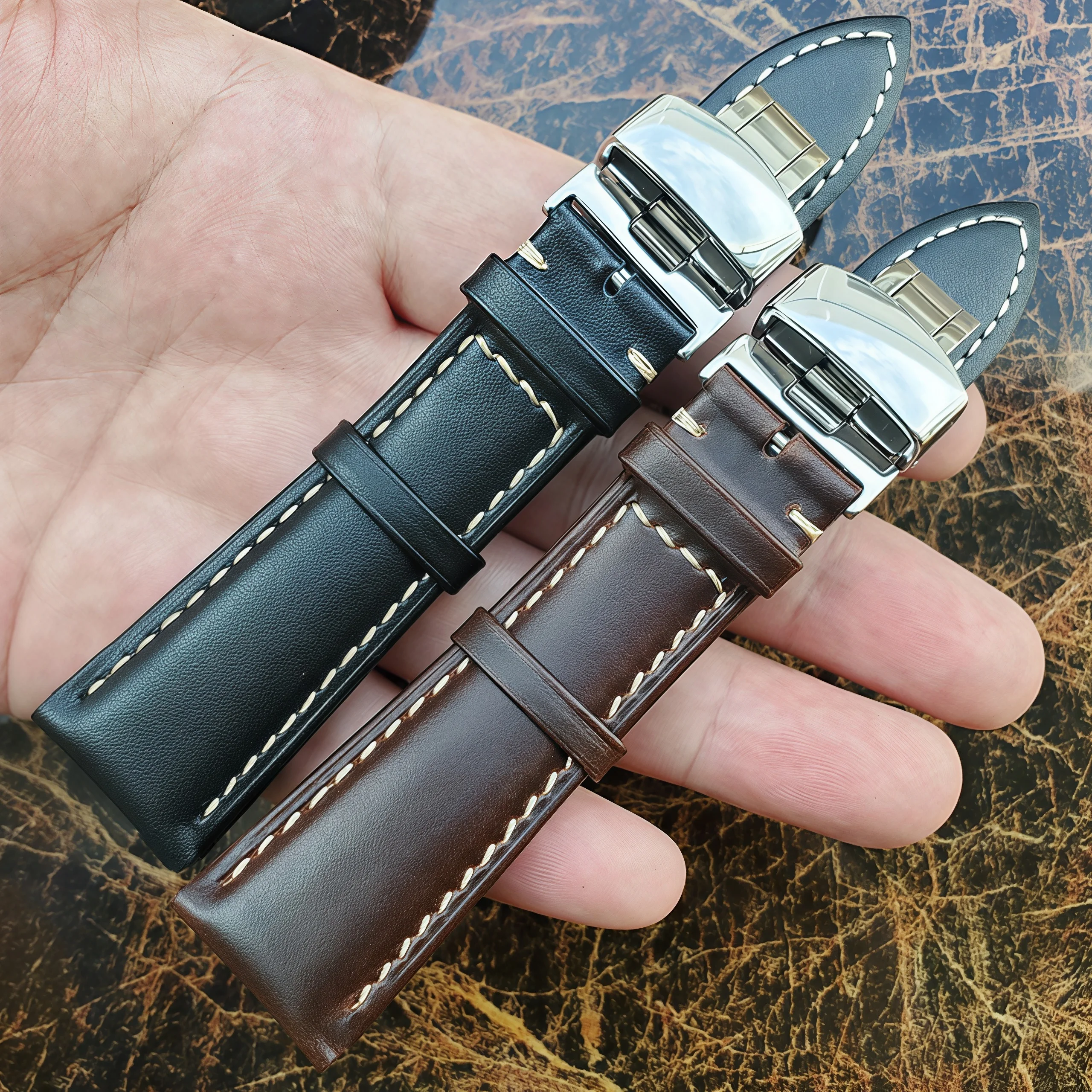 Vintage Genuine Leather Watch Band with Quick Release and Double Push Deployment Clasp