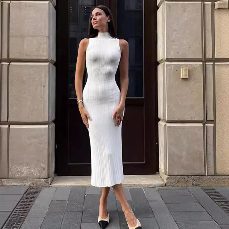 Pletené vysoký krk bez rukávů striktní šaty 2024 jaro a léto nový mid-length elegantní šaty