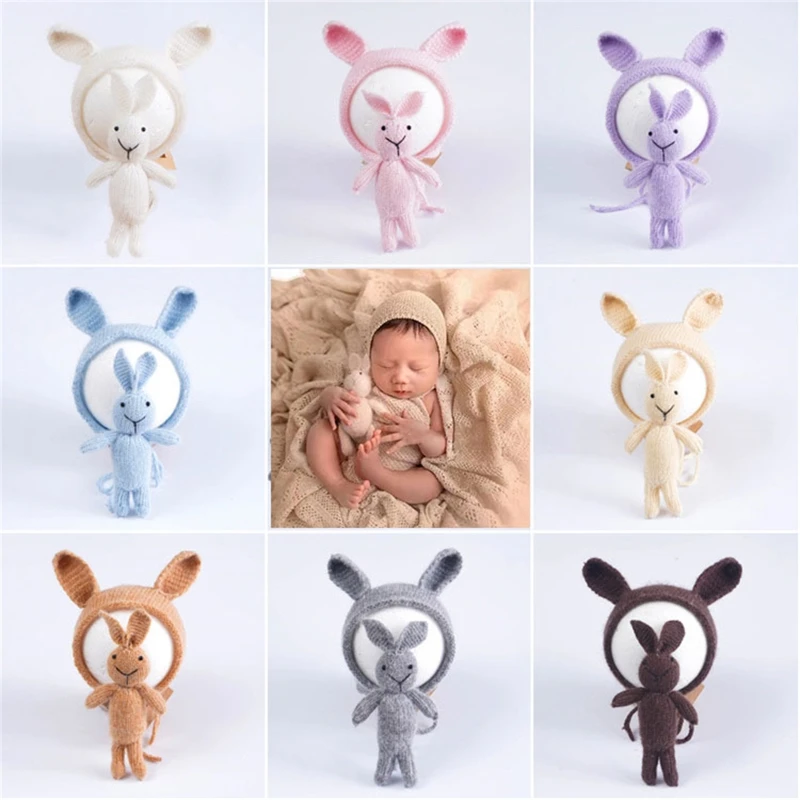 

2Pcs Baby Cute Ears Hat rabbit Doll Set Newborn Photography Props Infants Photo Shooting Knitted Beanies Cap Fotografia Accesori