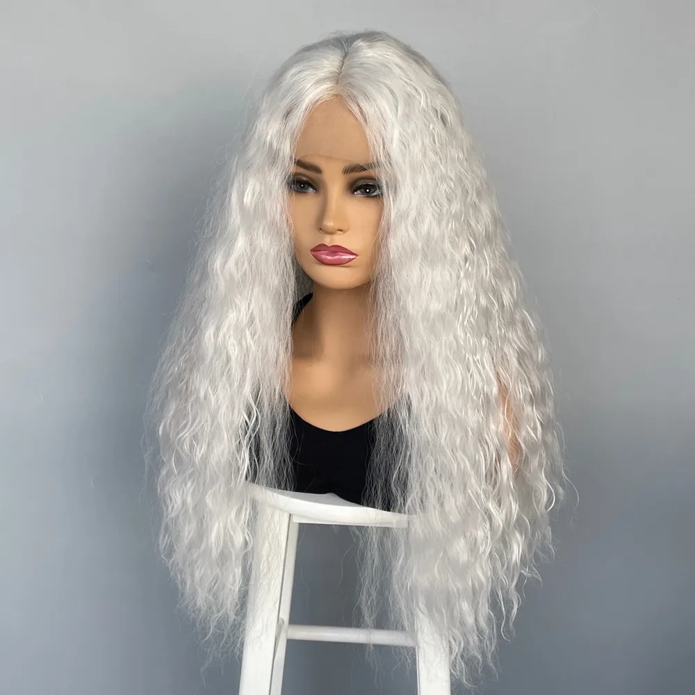 Silver White Long Curly Hair Chemical Fiber Front Lace Wig 13 * 4 * 1T Type Parting Head Cover