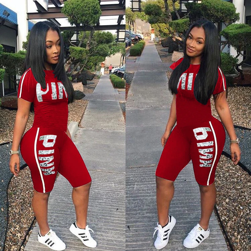 

Casual Pink Letter Print Women Two Piece Set New Summer Rompers Sexy Striped T-Shirts and Skinny Pants 2pcs Outfits костюм шорты