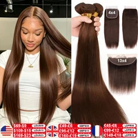 Extensions de Cheveux Humains Lisses avec Closure, Bundles Chocolat Marron, Tissage 100% Cheveux Humains, Frontal en Dentelle HD 4x4 13x4 1