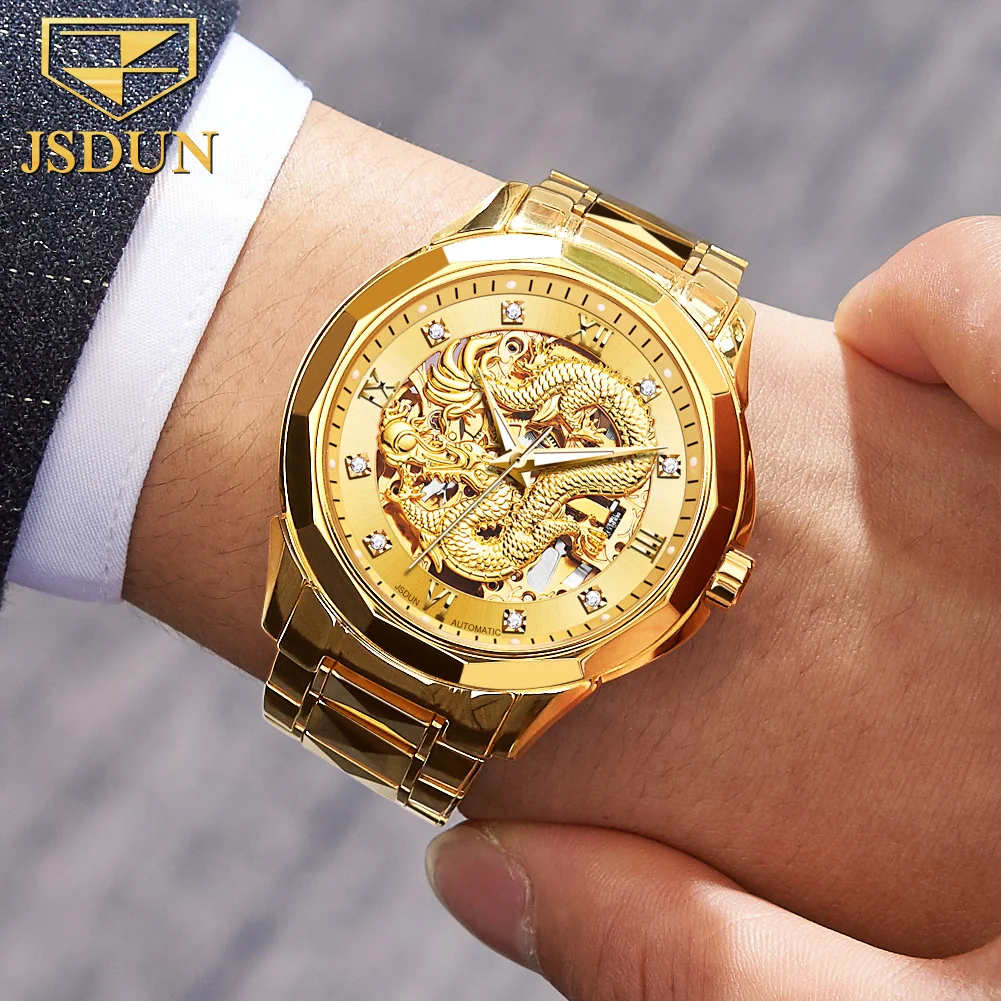 JSDUN Gold Dragon Watch for Men Luxury Brand Automatic Mechanical Watch Stainless Steel Strap Hollow-carved Man Clock Gift 8840
