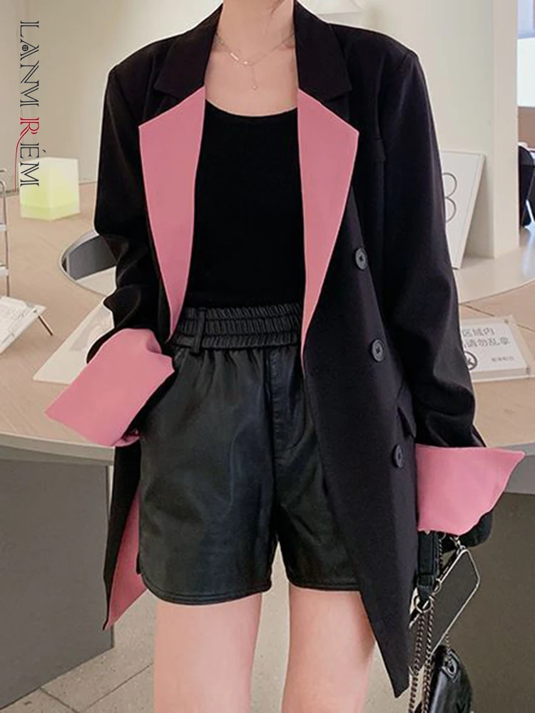 

LANMREM Fashion Color Black Blazer Women Notched Collar Long Sleeves Double Breasted Coat Korean Style 2023 Autumn New 2AA2766