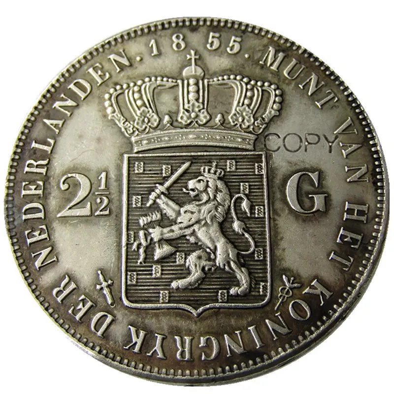 

Нидерланды, 1855 2 1/2 Gulden Willem lll Посеребренная копия декоративная монета