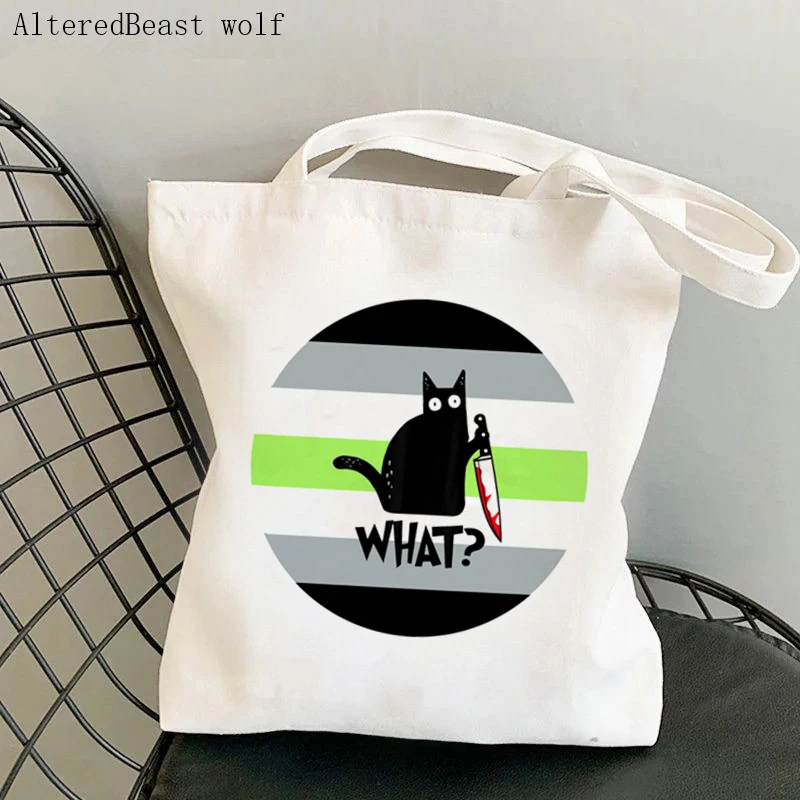 Women Shopper bag Agender halloween cat knife Bag Harajuku Shopping Canvas Shopper Bag girl handbag Tote Shoulder Lady Bag