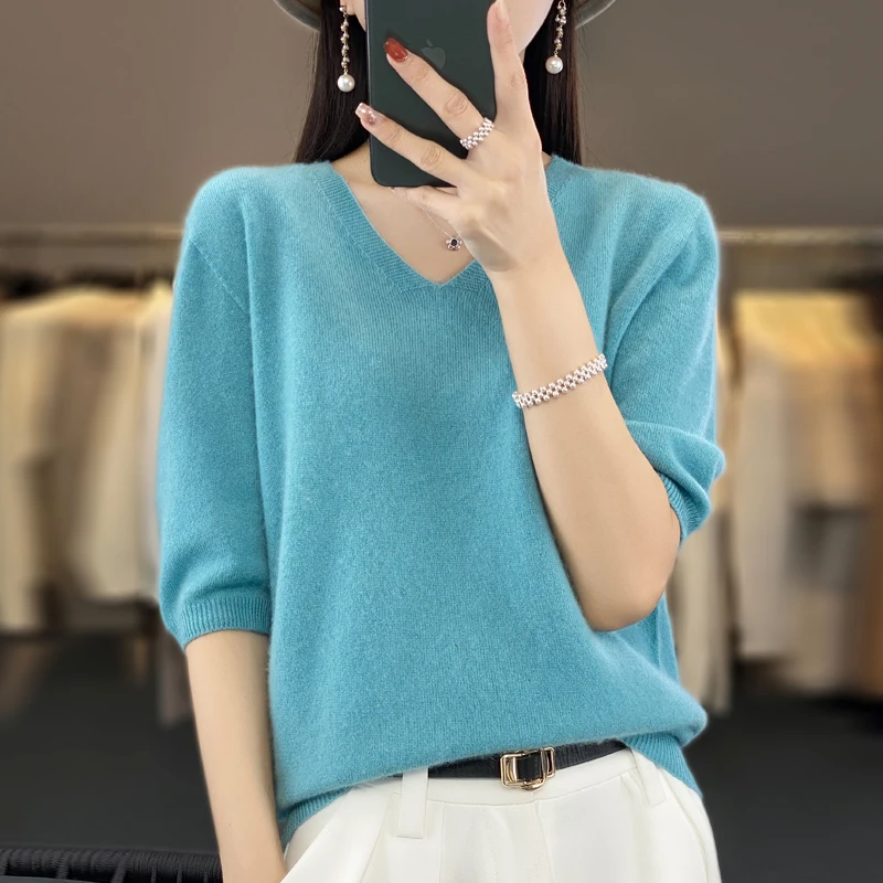 

Ture 100% Sheep Wool Tops Casual Ladies Seamless Knitwear Half SleeveFemale Pure Wool Solid Color Sweater Pullover Knit Tops