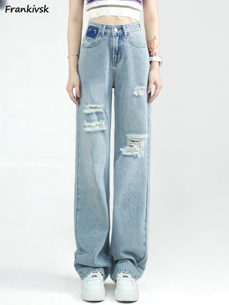 

Asymmetrical Jeans Women Frayed European Style Retro Wide Leg Loose Bleached Full Length Hole Solid Denim Fashion Leisure Summer