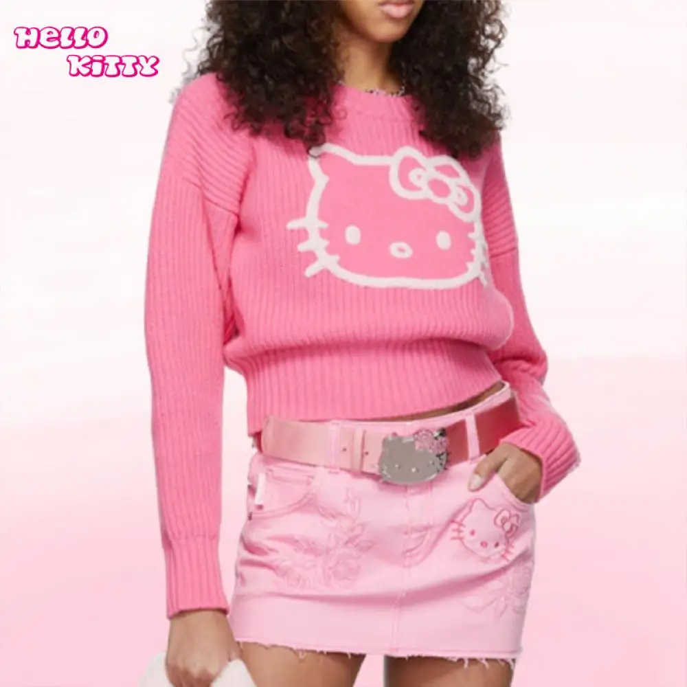 

Sanrios Y2K Hello Kitty Sweater Anime Kawaii New Autumn Winter Sweater Long Sleeve Pink Top Embroidery Short Shirt Slim Fit Cute