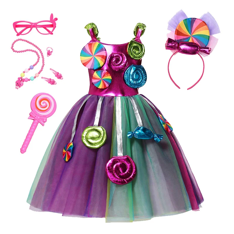 thumbnail image 1 of Disfraz de carnaval de arcoíris con caramelos para niños de 2 a 10 años, vestido de princesa con estampado de piruleta y diadema, ropa para fiesta de cumpleaños y Navidad, 1 of 4