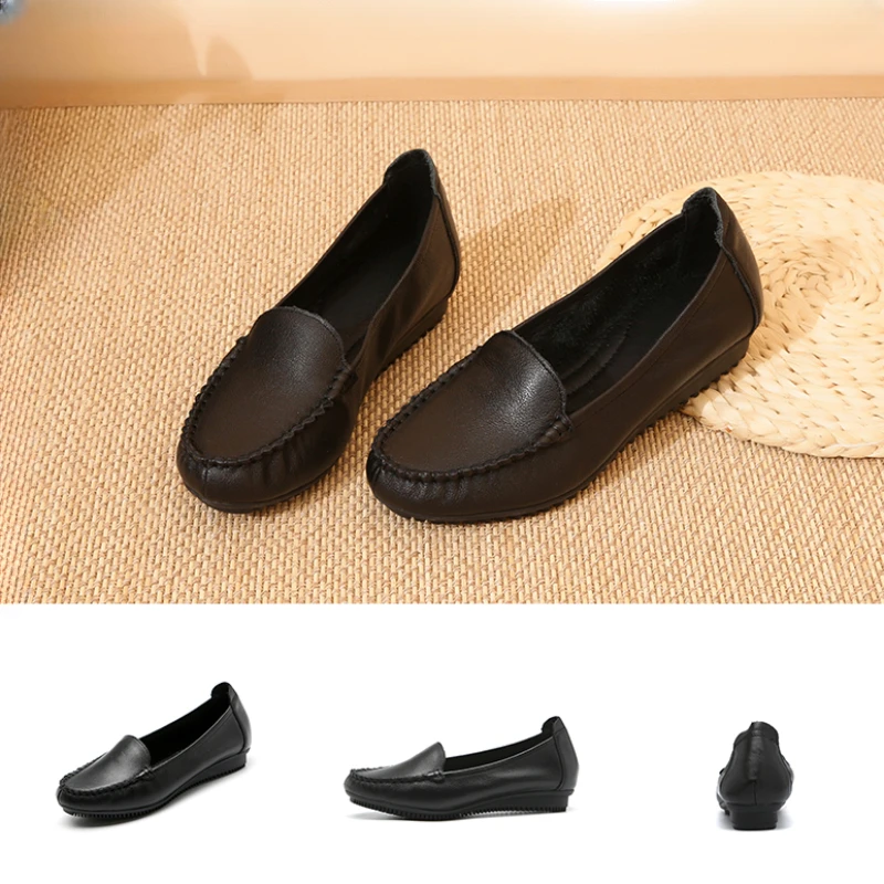 Dou Dou Shoes Genuine Leather Women's Super Soft Flat Bottom Spring and Autumn Soft Sole Leather Casual Single Shoes