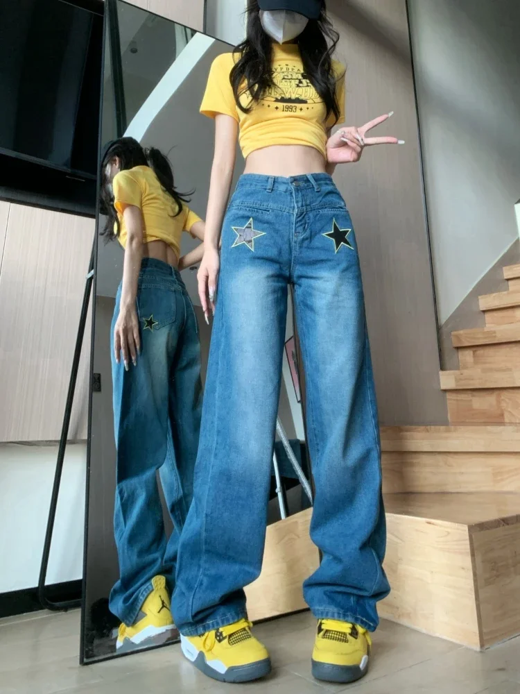 

ADAgirl Blue High Waist Jeans Women Y2k Fashion Baggy Kpop Stars Print Female Slouchy Jeans Harajuku Causal Wide Leg Denim Pants