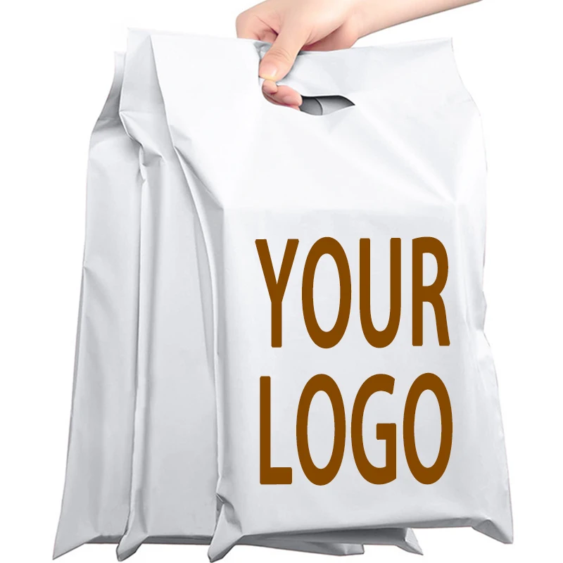 

Custom Logo White Poly Mailers with Handle Mailing Bags Envelopes Easy to Carry Shipping Bags Thank You Hello Hey Self Adhesive