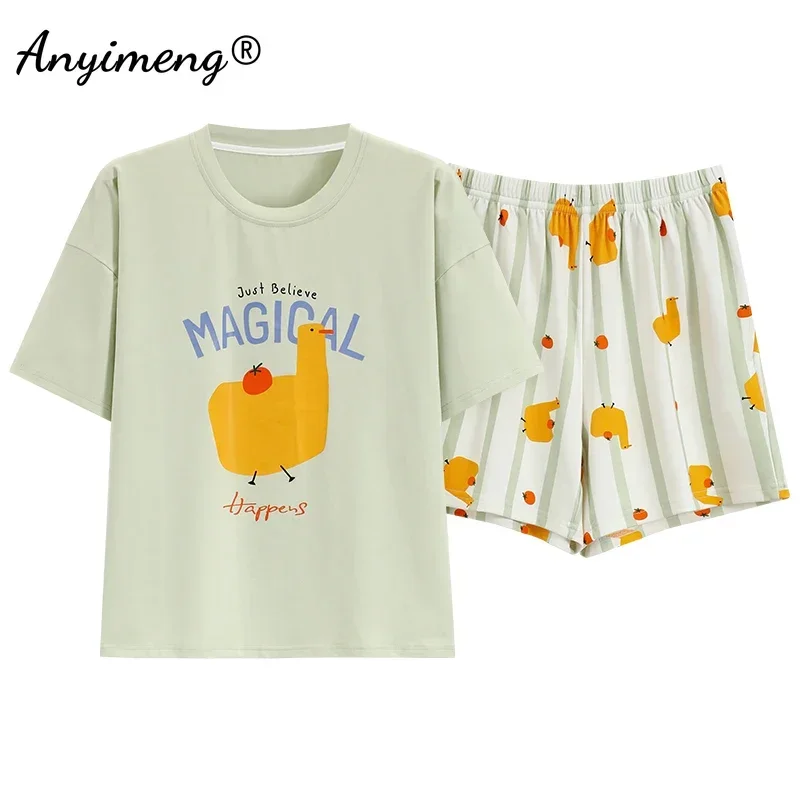 Pure Cotton Pajamas for Women Summer Cartoon Print Sleepwear Plus Size
