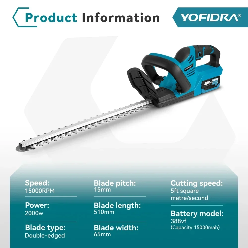YOFIDRA 2000W Electric Hedge Trimmer Efficient Cordless Rechargeable Garden Shrub Pruning Power Tools For Makita 18V Battery 2