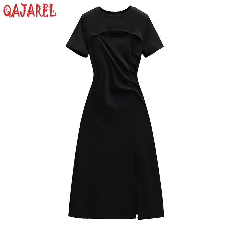 

Summer Black Pleated Hollow Out Sexy Midi Dress Women New Elegant Bodycon Casual Party Dresses 2024 Korean Vintage Hepburn Dress