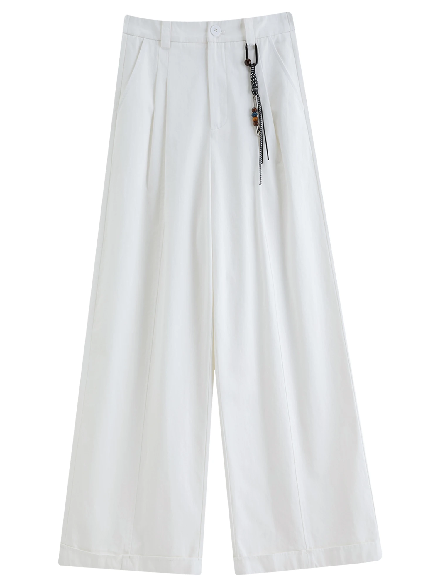 DUSHU Spring Women Beaded Drawstring High Waist Wide Leg Trousers Straight Fit Casual Pants Minimalist Street Style Loose Fit