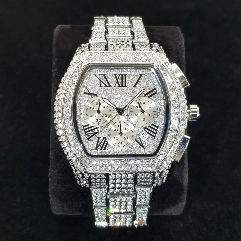 Top Brand Luxury Diamond Watch Men High Quality Stainless Steel Quartz Wristwatch Hip Hop Ice Out Waterproof Chronograph Watches