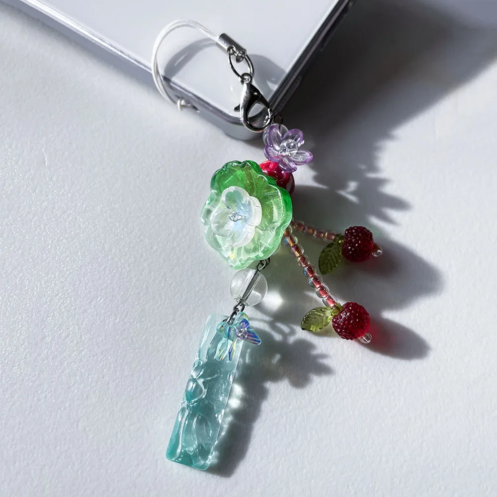 Charming Floral Glass Bead Keychain with Berry Accents in Green, Pink, and Red