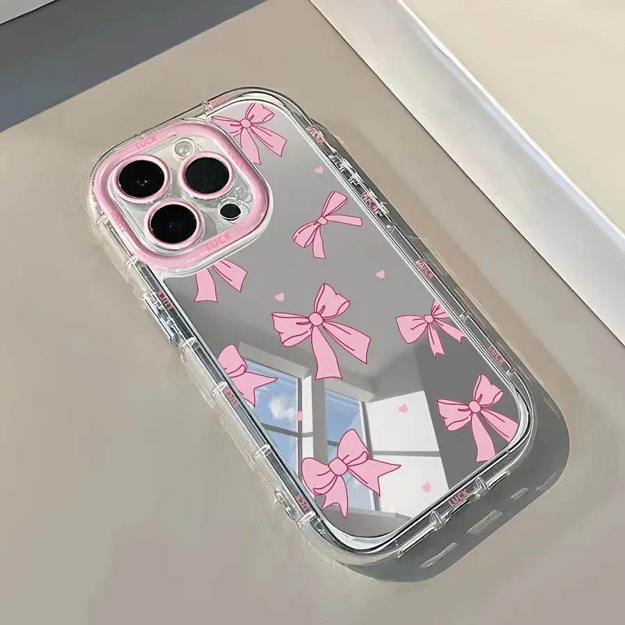 Korean Simple Blue Pink Bow Girl Mirror Cute Phone Case Cover