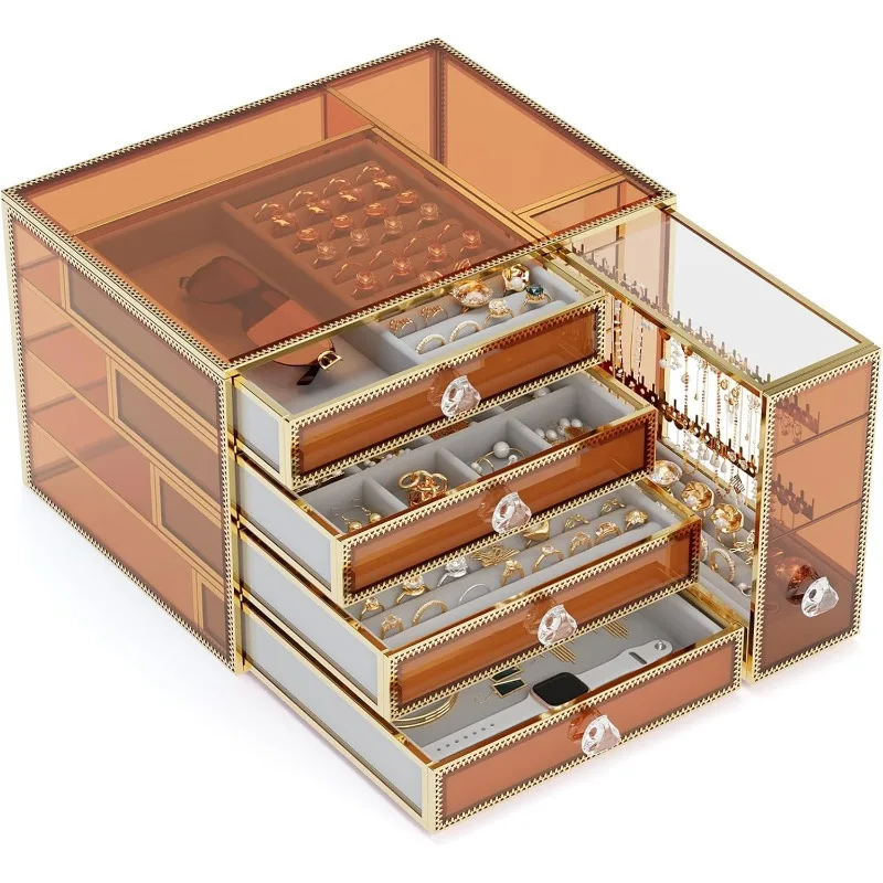 Jewelry organizer box-Tempered Glass 5-Drawer jewelry boxes for women, Large Jewelry Boxes 6