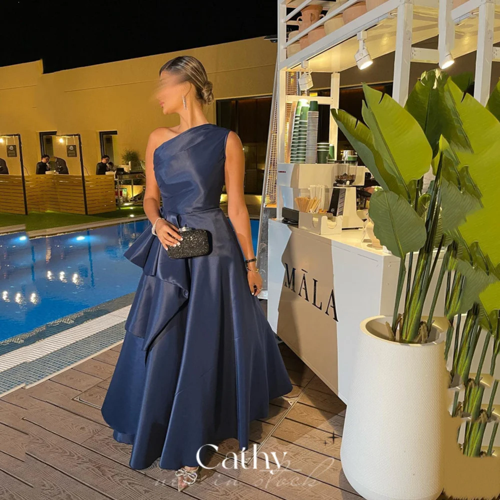 

Cathy Elegant Dark Blue Prom Dress 2023 Sexy One Shoulder Evening Dress Bow On Side فستان سهرة Floor Lenght Party Dresses