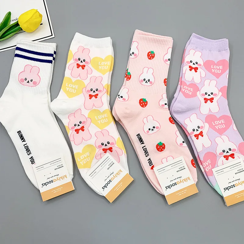 

Rabbit Woman Sock Cartoon for Women Socks Casual Kawaii Fashion Print Middle Tube Sox Cotton Spring Summer Korean Stockings Gift