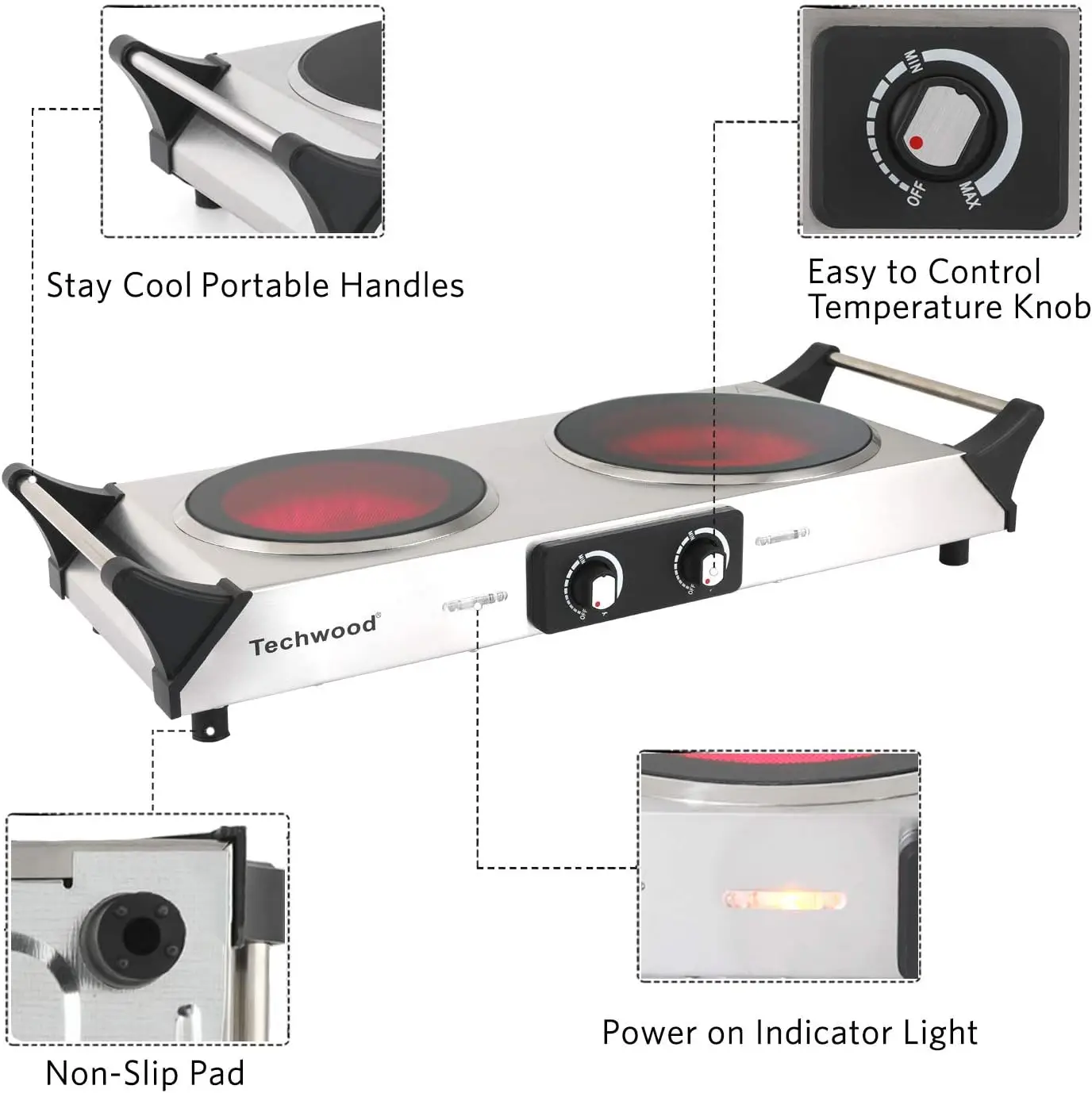 Turkewood electric stove, dual infrared ceramic heating plate cooking, two controlled range burners 3