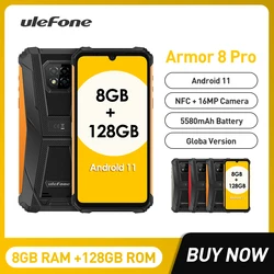 Ulefone Armor 8 Pro Waterproof Rugged Smartphones 6.1Inch Display Octa Core 8GB+128GB Android 11 Mobile Phone 5580mAh 16MP NFC