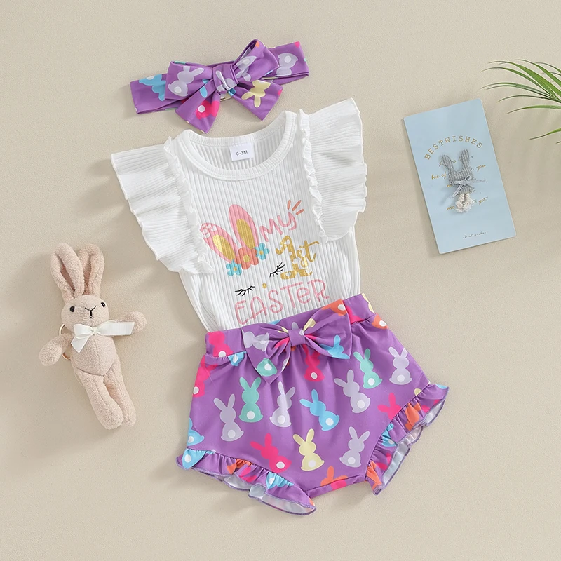 

Newborn Baby Girl My 1st Easter Outfit Fly Sleeve Bunny Egg Print Ribbed Romper Shorts Headband 3Pcs Set