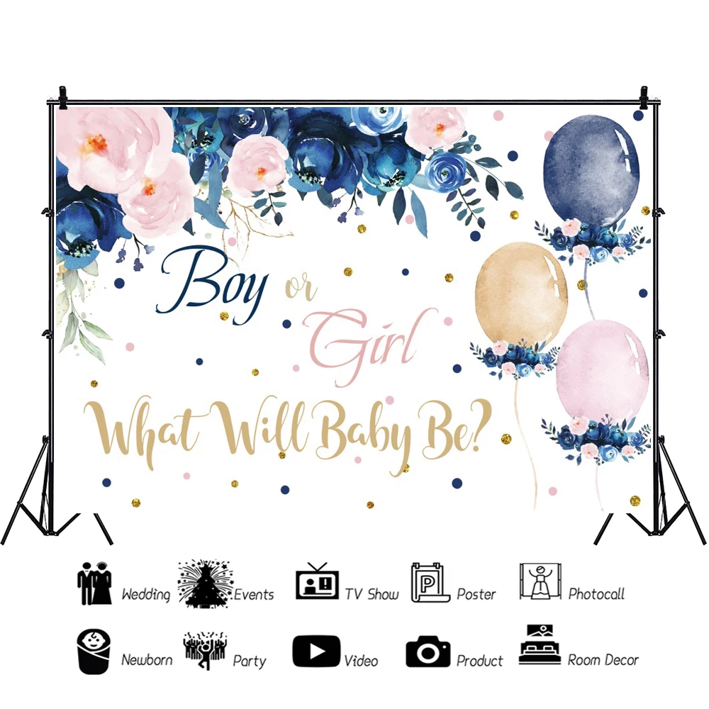 

Navy and Pink Reveal Party Backdrop He or She What Will Baby Be Pregnancy Reveal Balloon Floral Customized Decoration Background