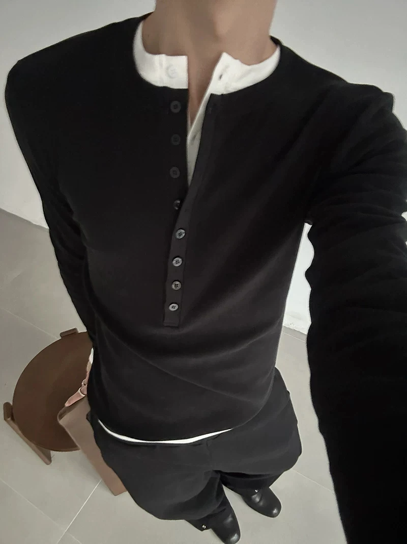 디자이어블 V넥 긴팔 티셔츠 남성용 경량 통기성 타이트핏 헨리 셔츠 레이스 트리밍 민소매 라운드넥 탑