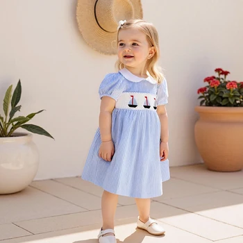 Child Girl Summer Striped A-Line Dress with Doll Collar Short Sleeves and Nautical Embroidery Detail 2
