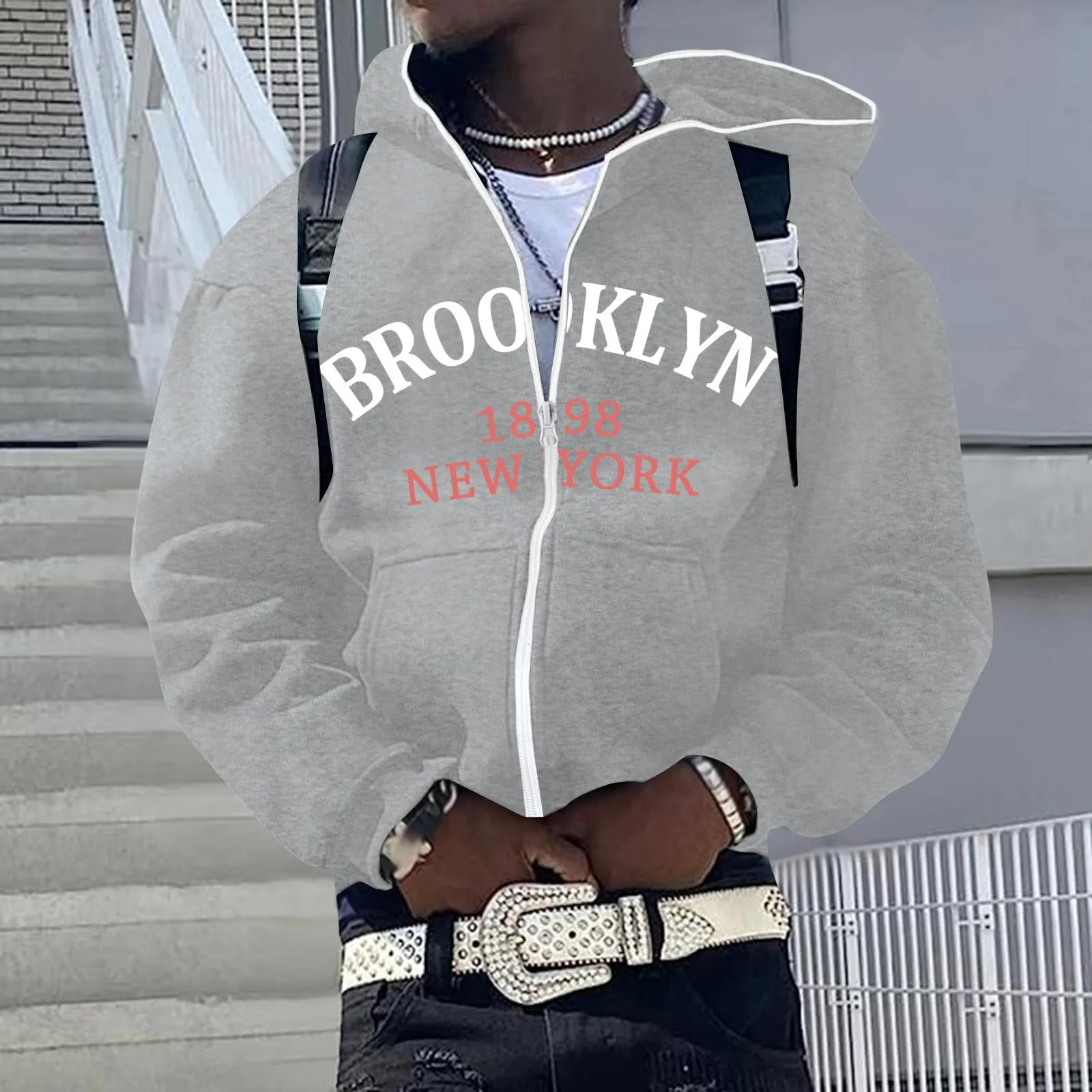 Mens Zip Up Hip Hop Hoodie Vintage Oversized English Letter Printed Hooded Cardigans Loose Pockets Sports Sweatshirts Coats Male