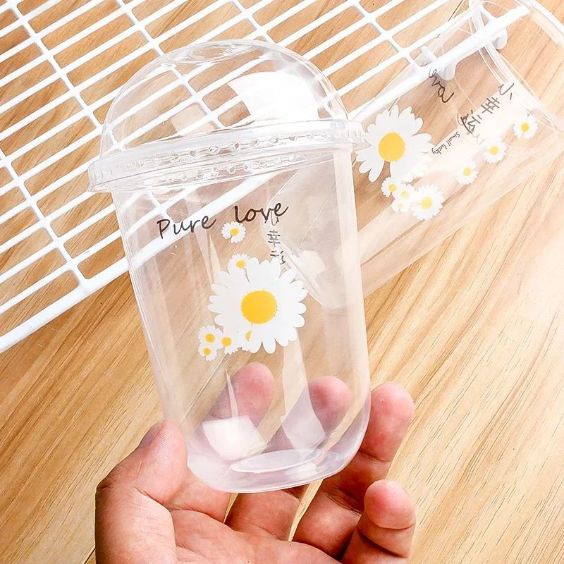 100pcs Disposable Daisy Flamingo Printed Milk Tea Cups  Food Grade PP Plastic Mug Juice Fruit Leak Proof U-shaped Cup with Lid 5